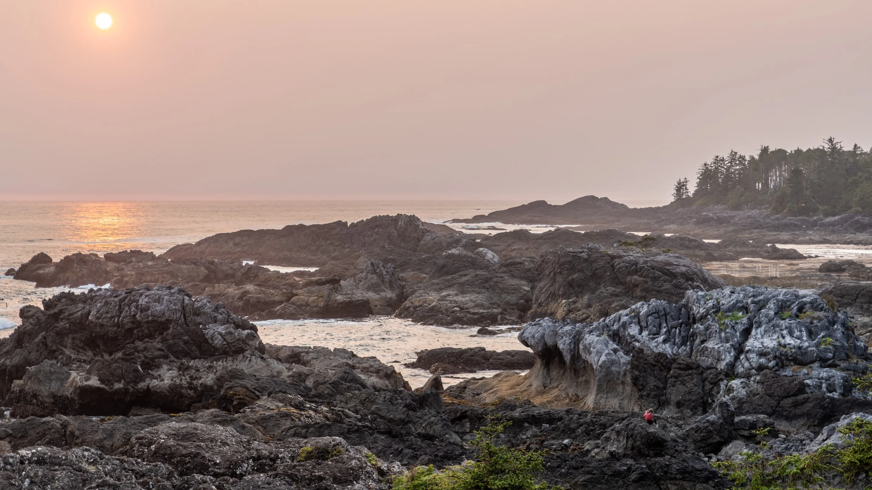 Lolo scrambling over the sharp rocks to get the shot