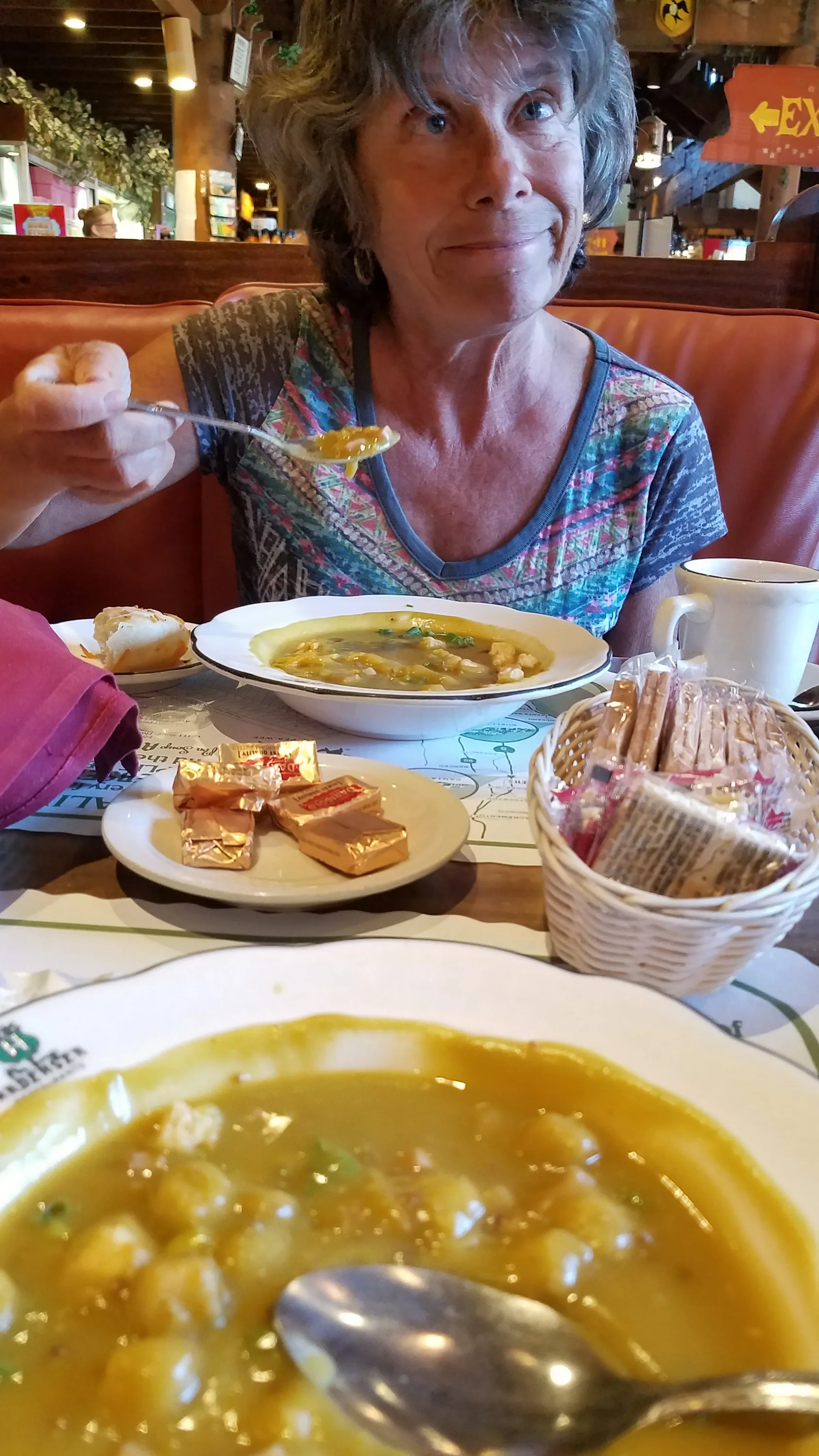 Lolo enjoying pea soup at Pea Soup Andersen's